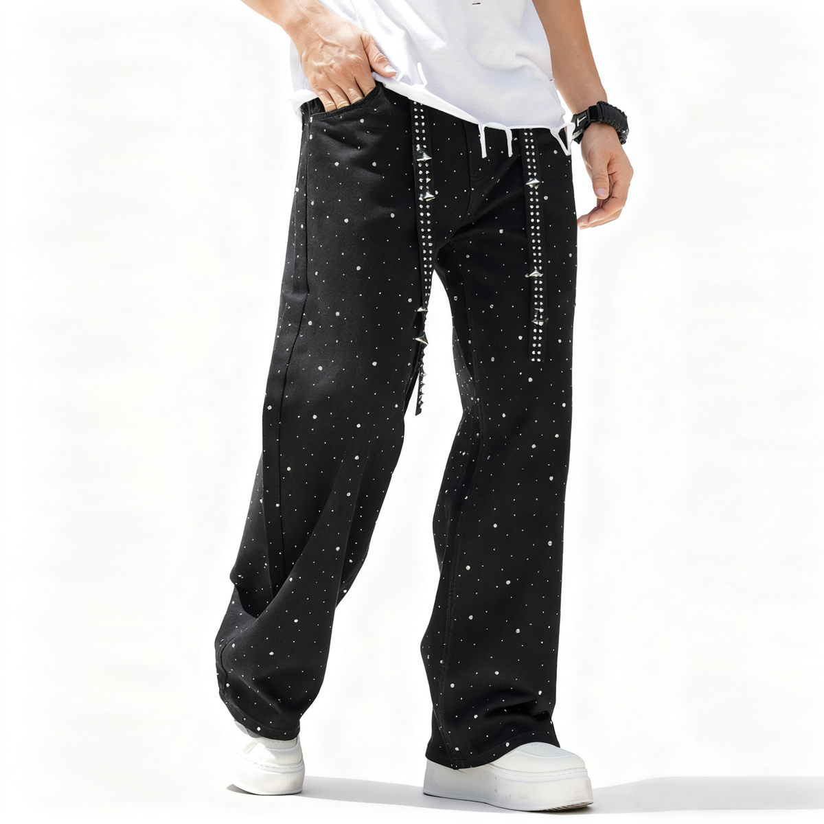 Unisex Rhinestone Star Loose Straight Jeans
